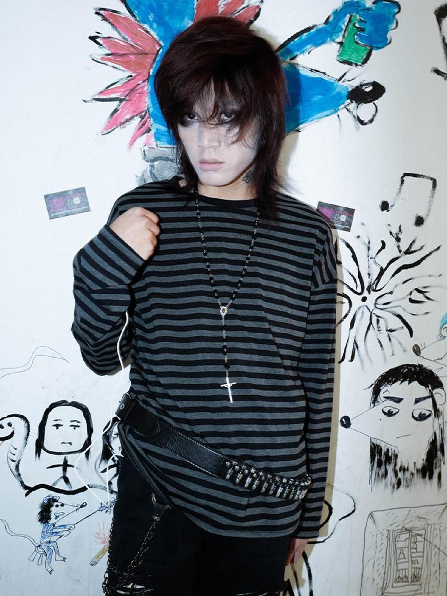 RebelSeed Black Gray Stripe Emo Drop Shoulder Women's Cotton Long Sleeve T-shirts