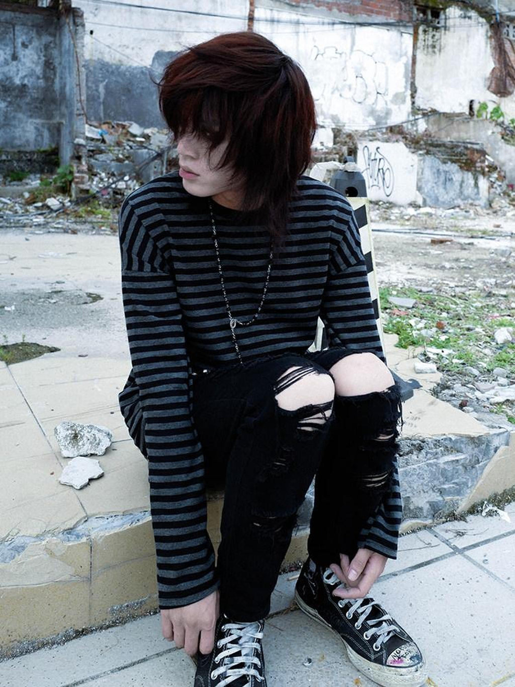 RebelSeed Black Gray Stripe Emo Drop Shoulder Women's Cotton Long Sleeve T-shirts