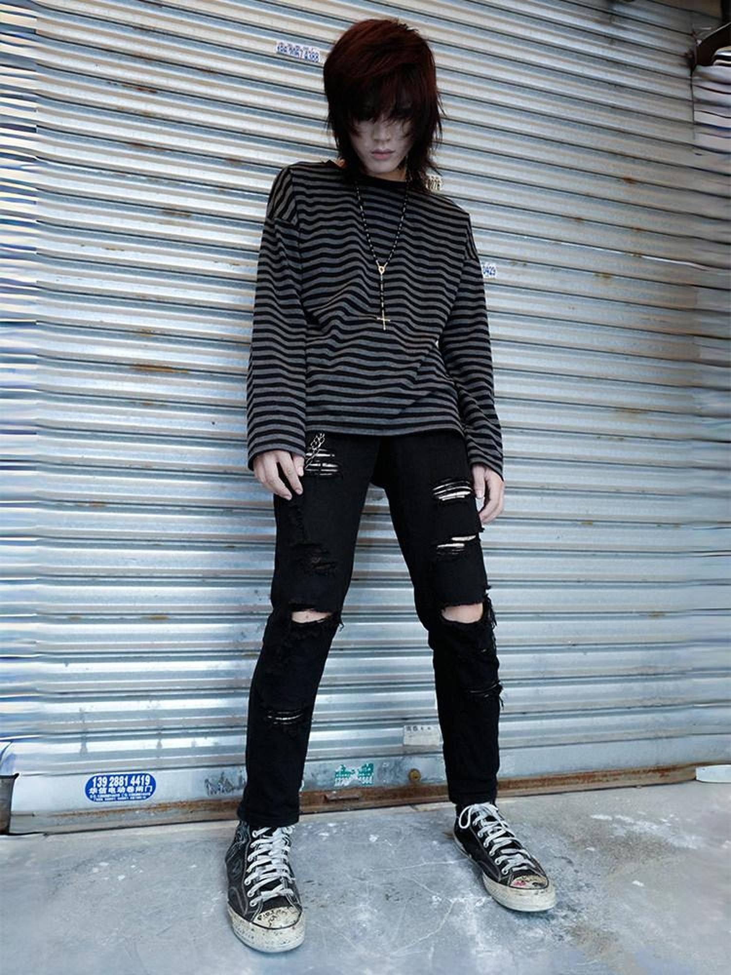 RebelSeed Black Gray Stripe Emo Drop Shoulder Women's Cotton Long Sleeve T-shirts