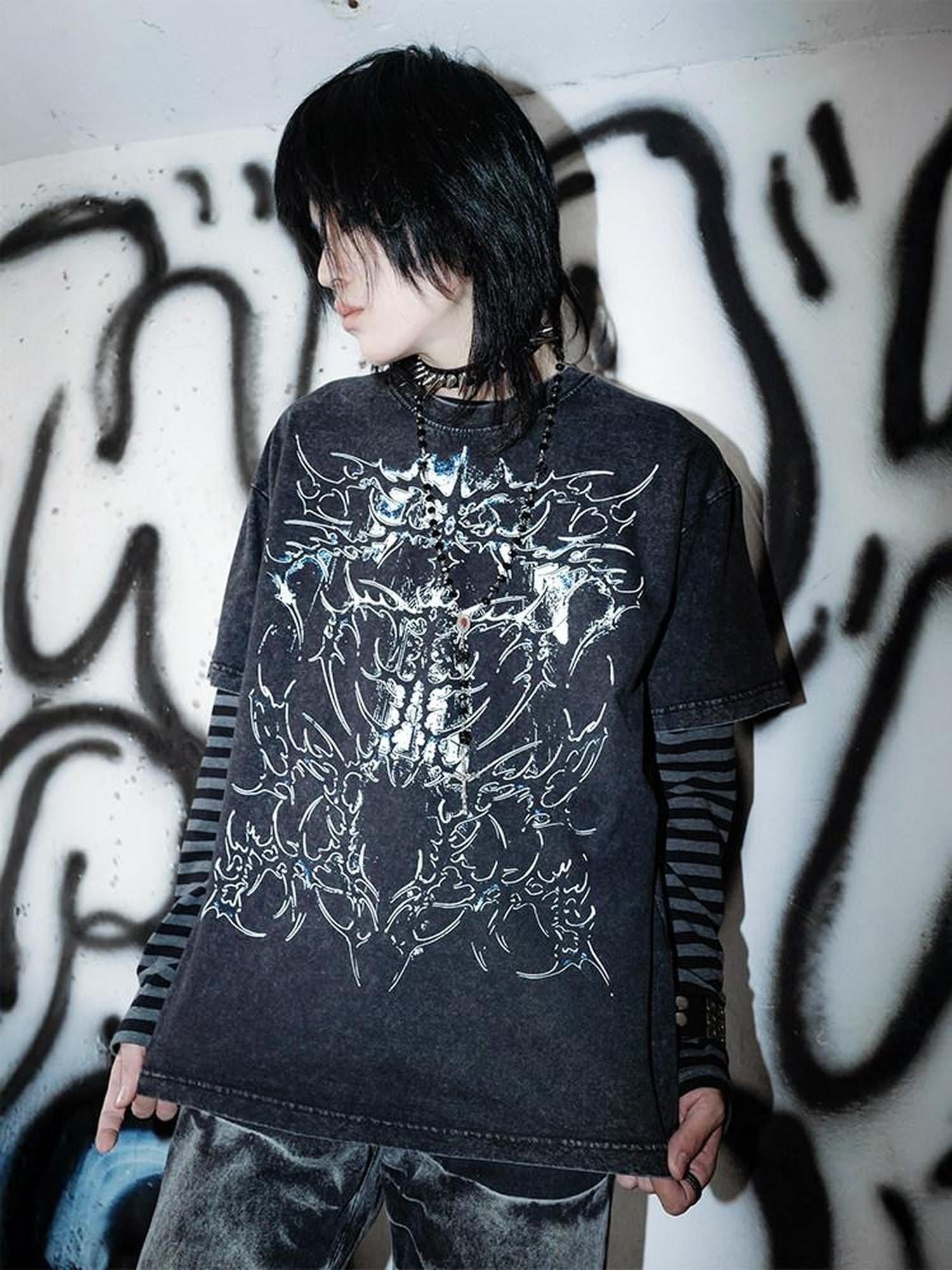 RebelSeed Black Gray Striped Art Print Heat Transfer Women's Cotton Long Sleeve T-shirts