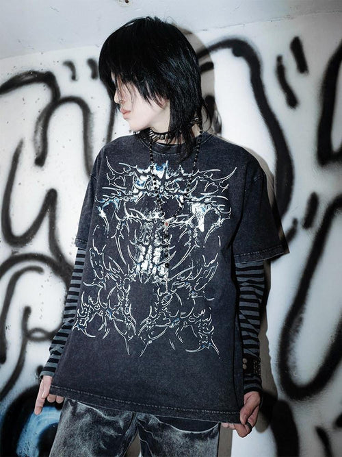 RebelSeed Black Gray Striped Art Print Heat Transfer Women's Cotton Long Sleeve T-shirts