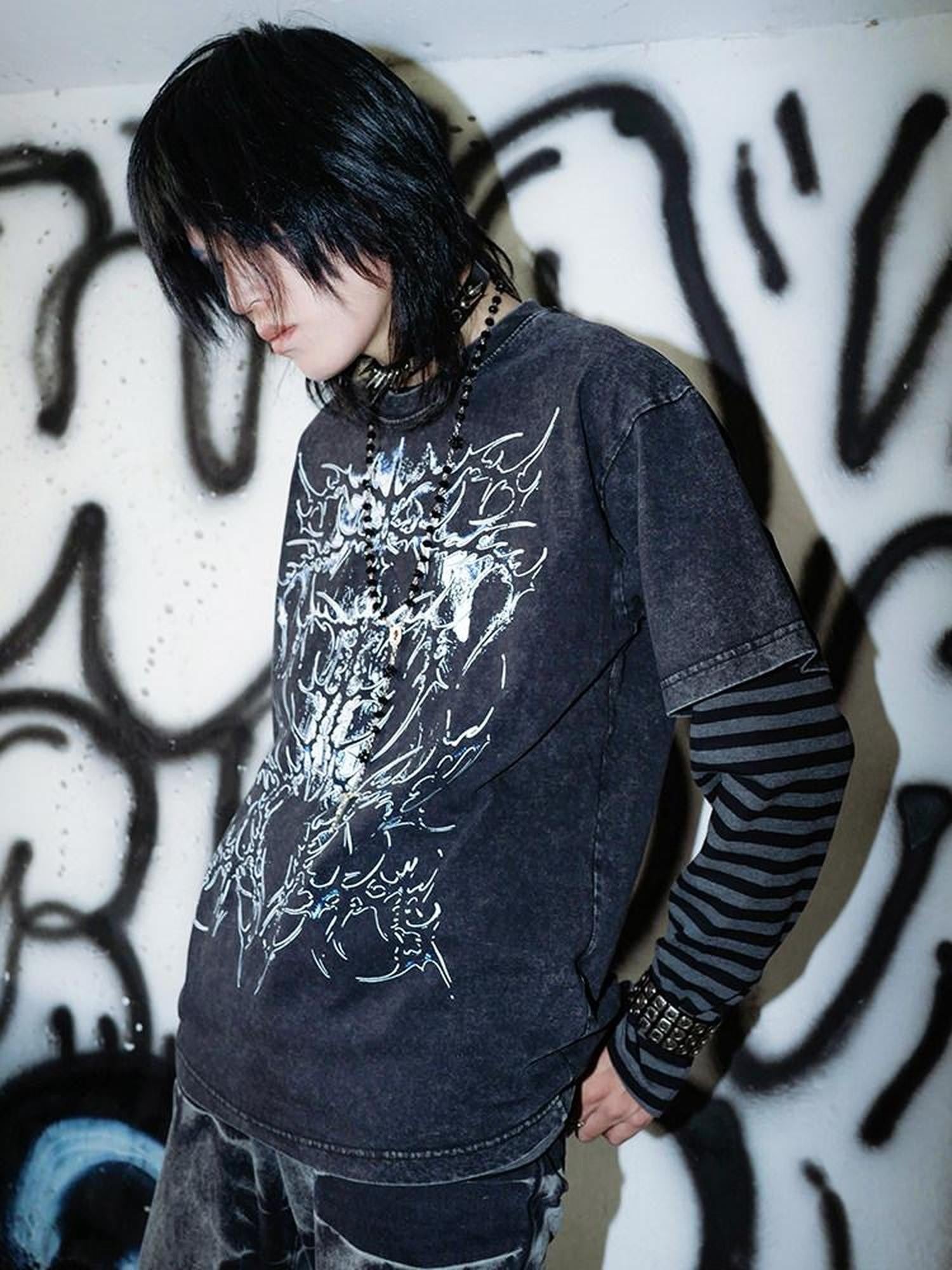 RebelSeed Black Gray Striped Art Print Heat Transfer Women's Cotton Long Sleeve T-shirts