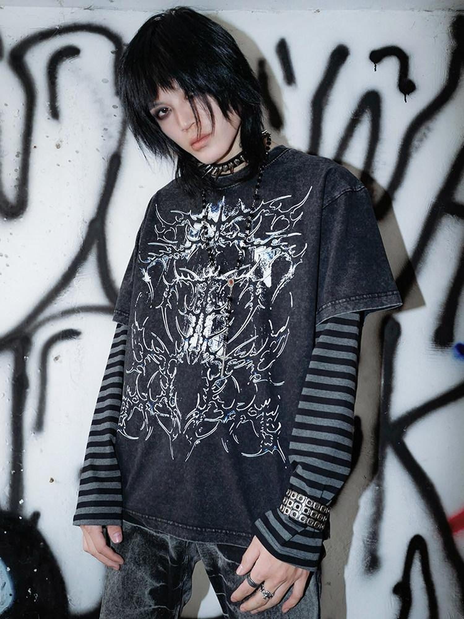 RebelSeed Black Gray Striped Art Print Heat Transfer Women's Cotton Long Sleeve T-shirts