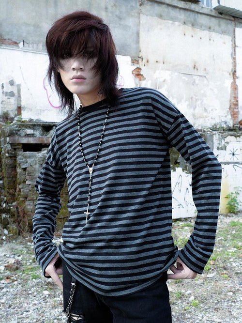 RebelSeed Black Gray Striped Drop Shoulder Emo Punk Women's Cotton Long Sleeve T-shirts