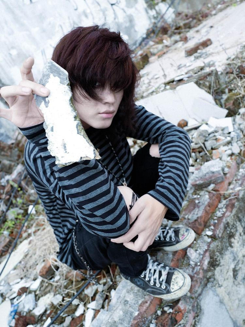 RebelSeed Black Gray Striped Drop Shoulder Emo Punk Women's Cotton Long Sleeve T-shirts