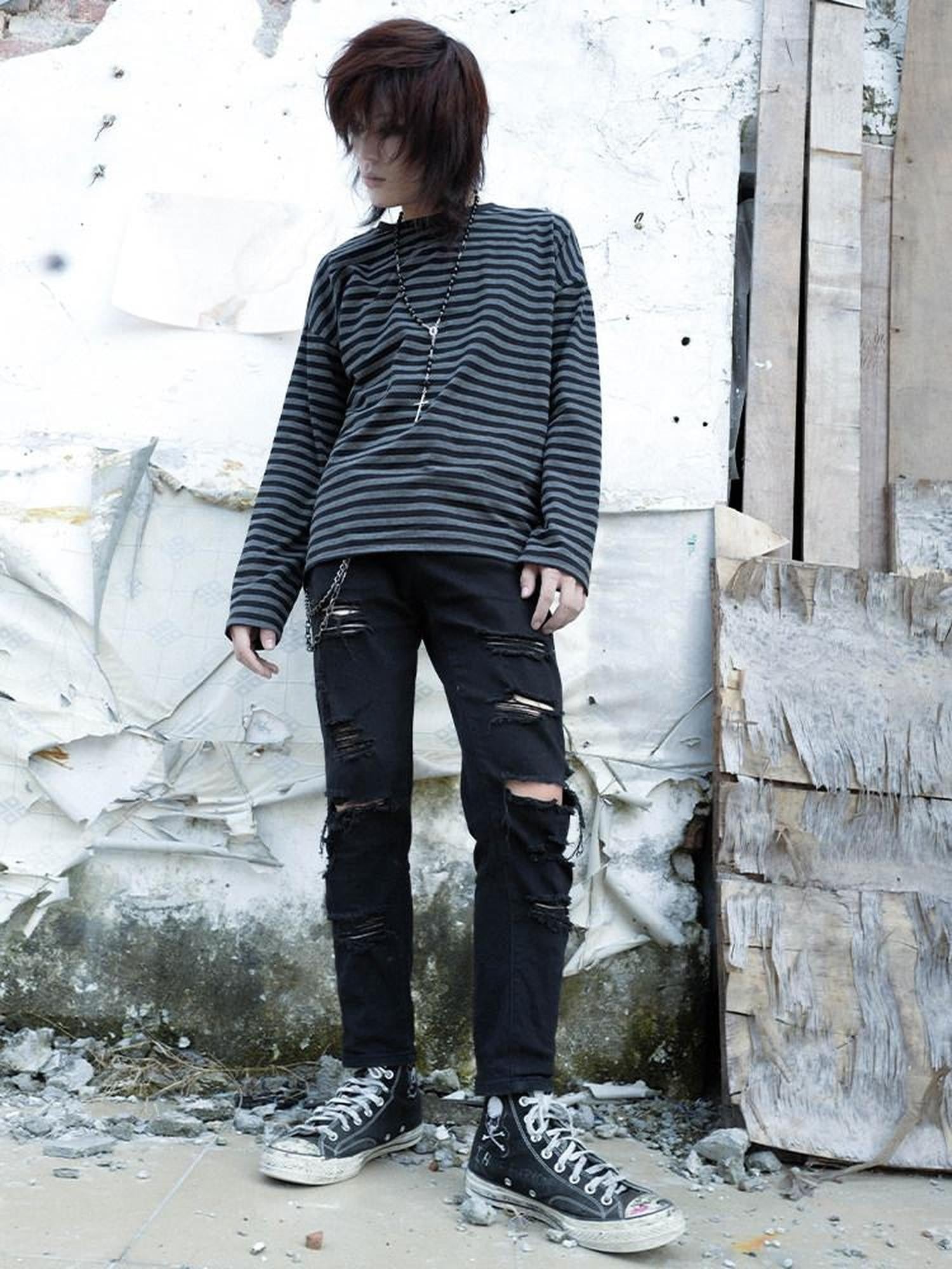 RebelSeed Black Gray Striped Drop Shoulder Emo Punk Women's Cotton Long Sleeve T-shirts