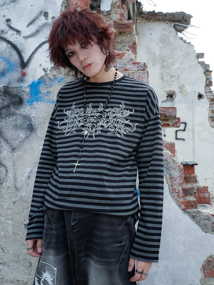 RebelSeed_Black_Gray_Striped_Oversized_Drop_Shoulder_Women's_Cotton_Long_Sleeve_T-shirts_1030784554549_MISSTT