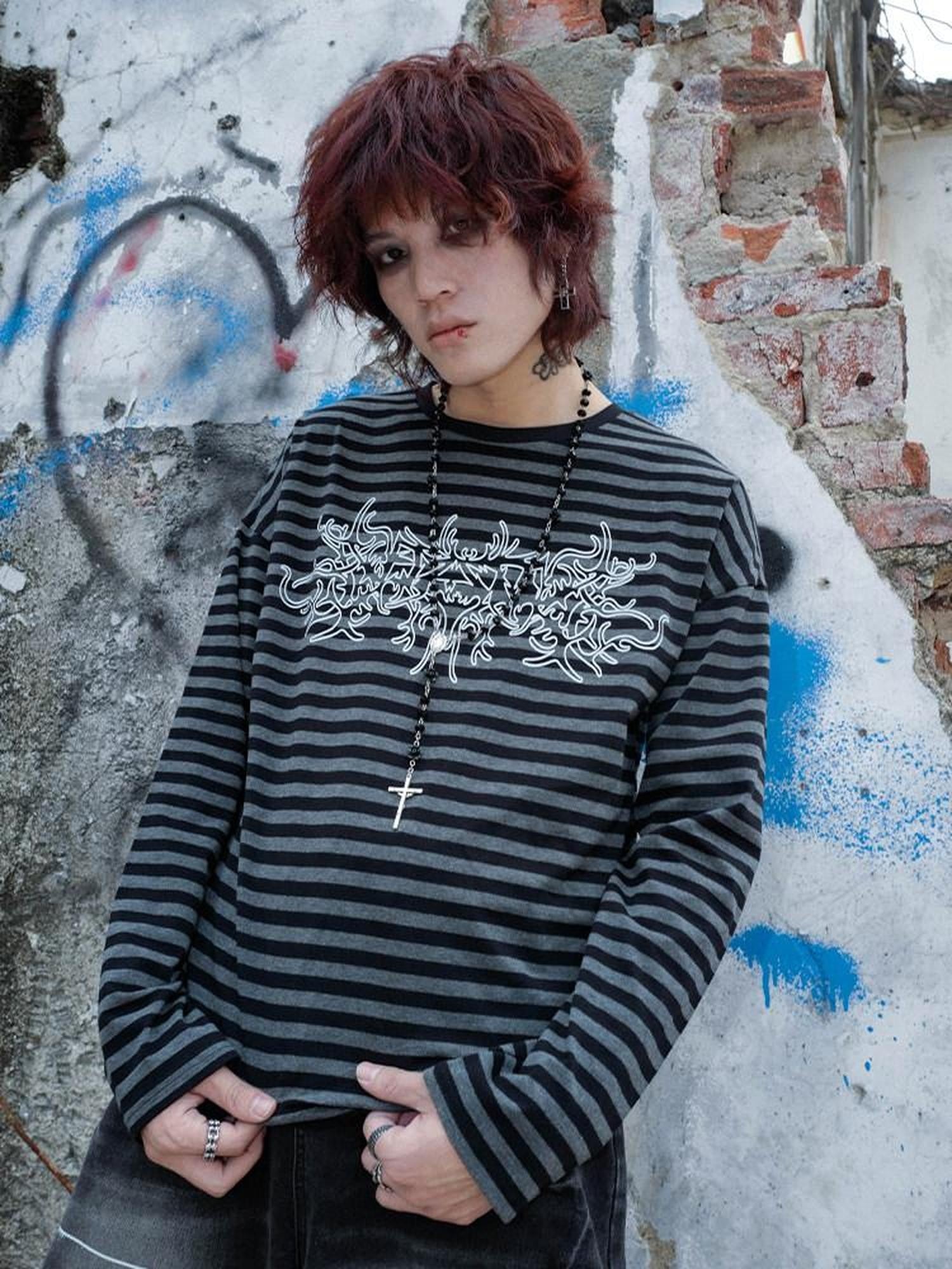 RebelSeed Black Gray Striped Oversized Drop Shoulder Women's Cotton Long Sleeve T-shirts