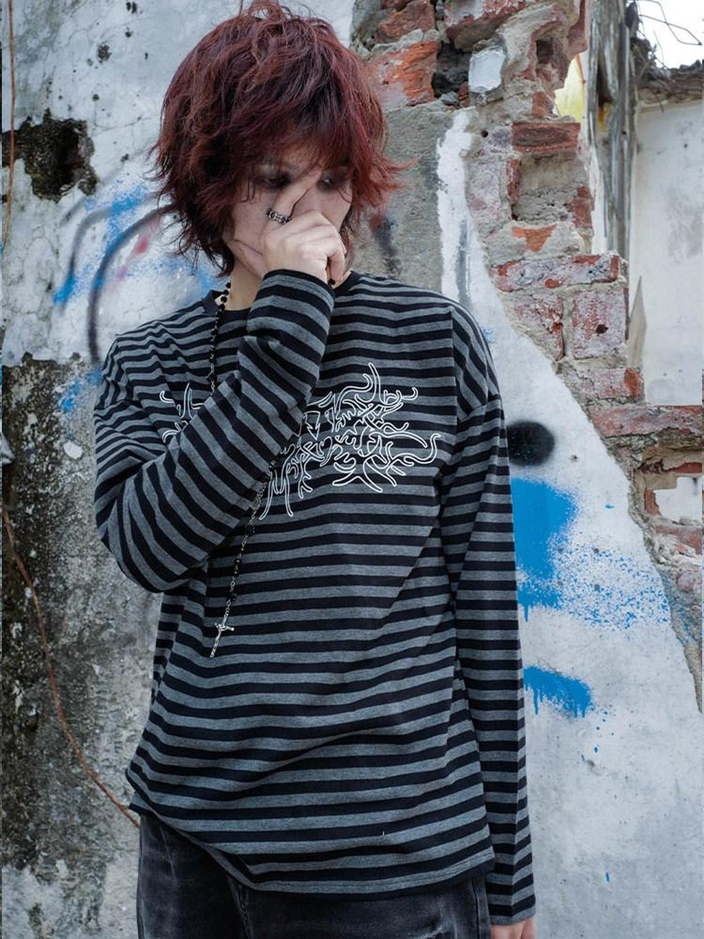 RebelSeed Black Gray Striped Oversized Drop Shoulder Women's Cotton Long Sleeve T-shirts