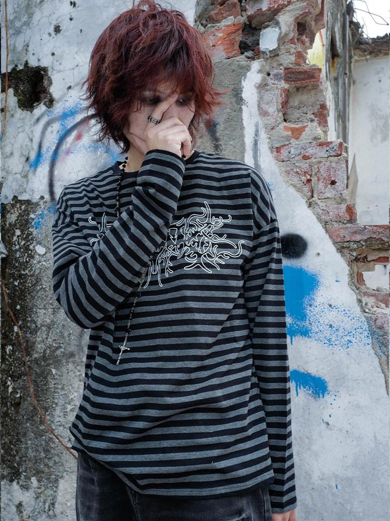 RebelSeed Black Gray Striped Oversized Drop Shoulder Women's Cotton Long Sleeve T-shirts