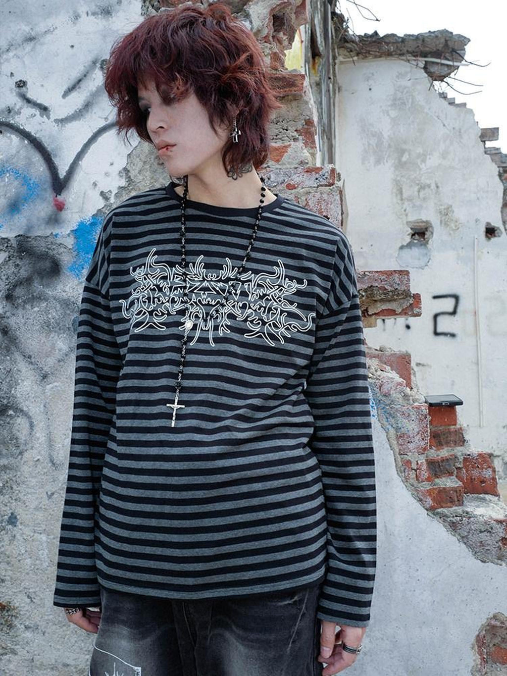RebelSeed Black Gray Striped Oversized Drop Shoulder Women's Cotton Long Sleeve T-shirts