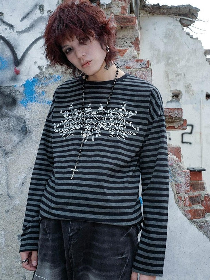RebelSeed Black Gray Striped Oversized Drop Shoulder Women's Cotton Long Sleeve T-shirts