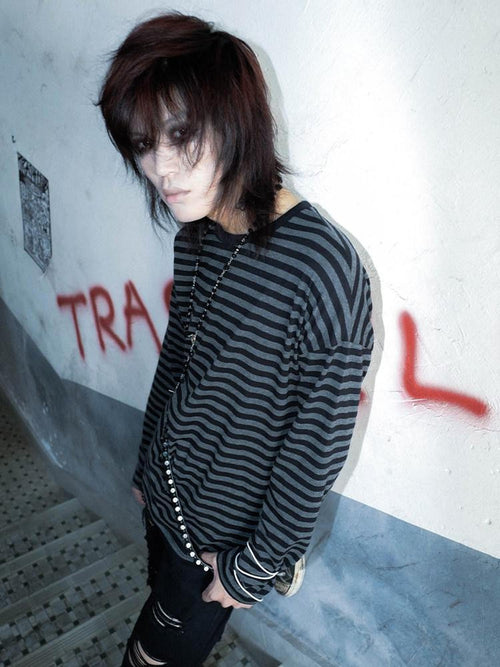 RebelSeed Black Grey Stripe Drop Shoulder Loose Emo Women's Cotton Long Sleeve T-shirts