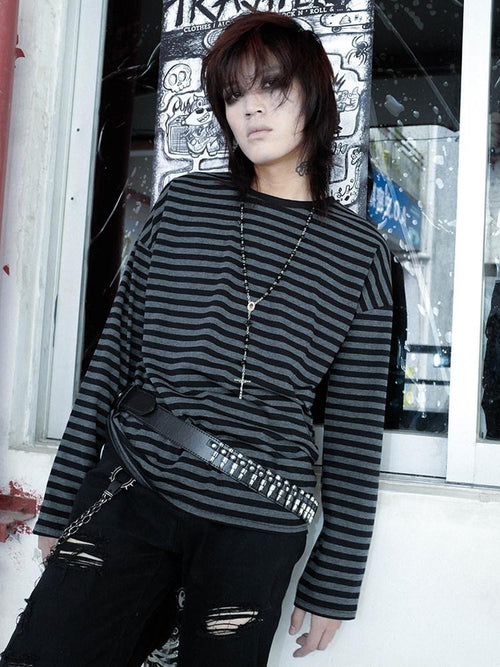 RebelSeed Black Grey Stripe Drop Shoulder Loose Emo Women's Cotton Long Sleeve T-shirts