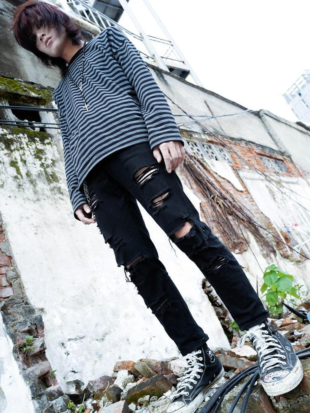 RebelSeed Black Grey Striped Emo Drop Shoulder Women's Cotton Long Sleeve T-shirts