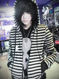 RebelSeed Black Grey Striped Gel Print Patch Pockets Women's Cotton Zip-up Hoodies