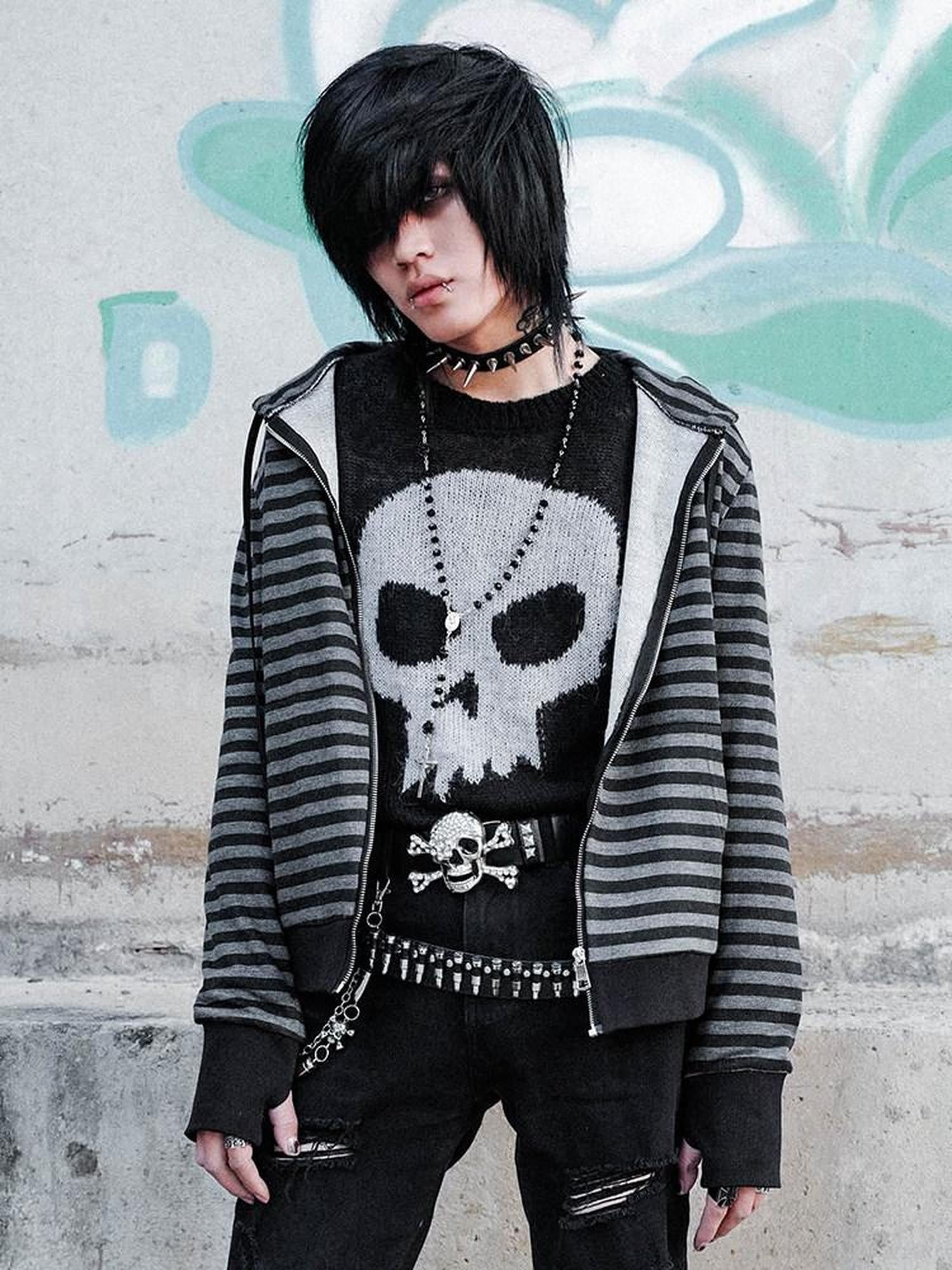 RebelSeed Black Grey Striped Gel Print Patch Pockets Women's Cotton Zip-up Hoodies
