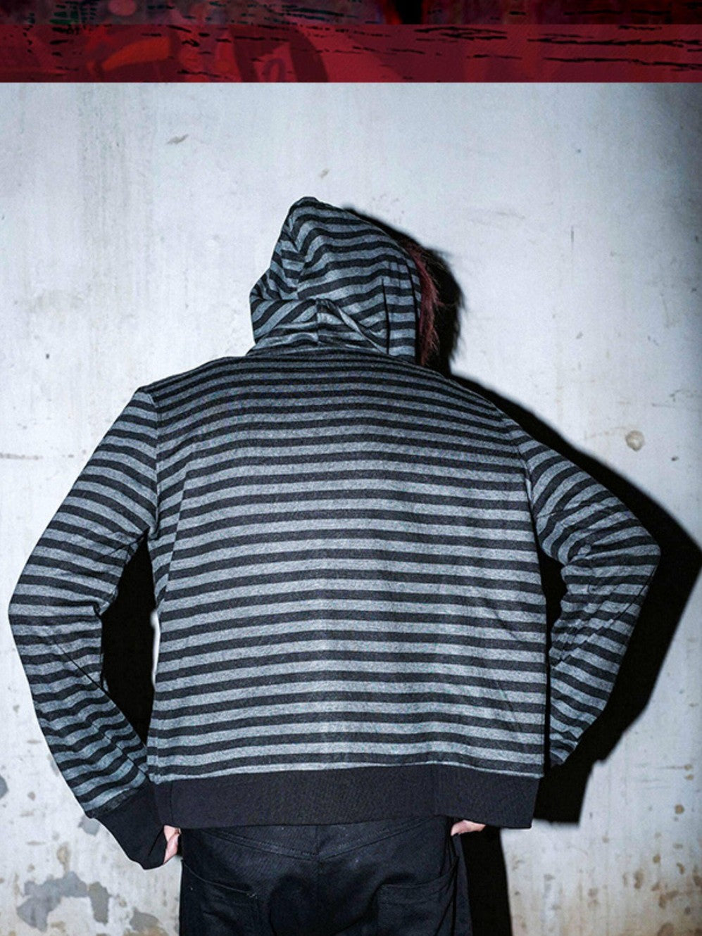 RebelSeed Black Grey Striped Gel Print Patch Pockets Women's Cotton Zip-up Hoodies
