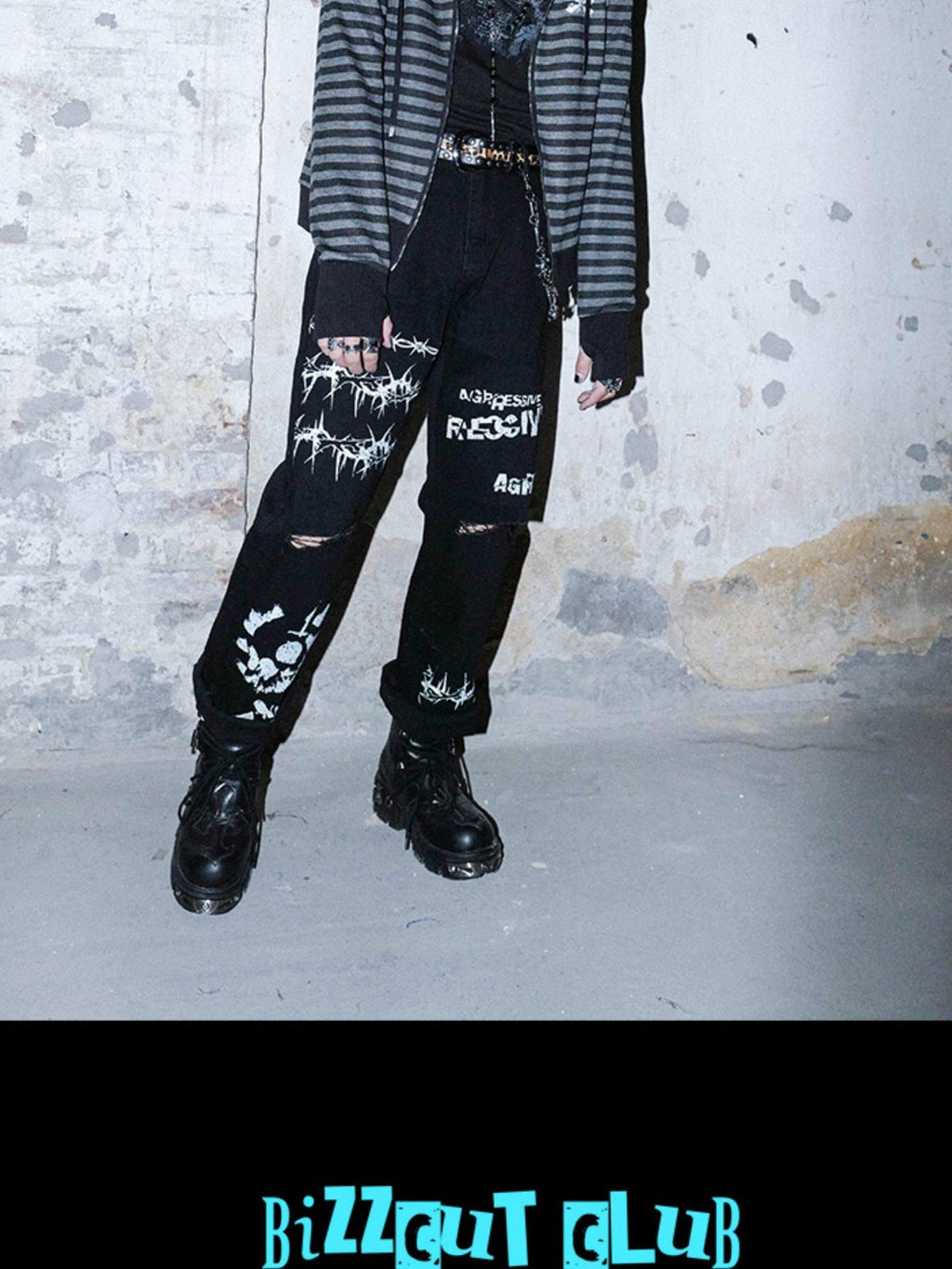 RebelSeed Black Grey Striped Gel Print Patch Pockets Women's Cotton Zip-up Hoodies