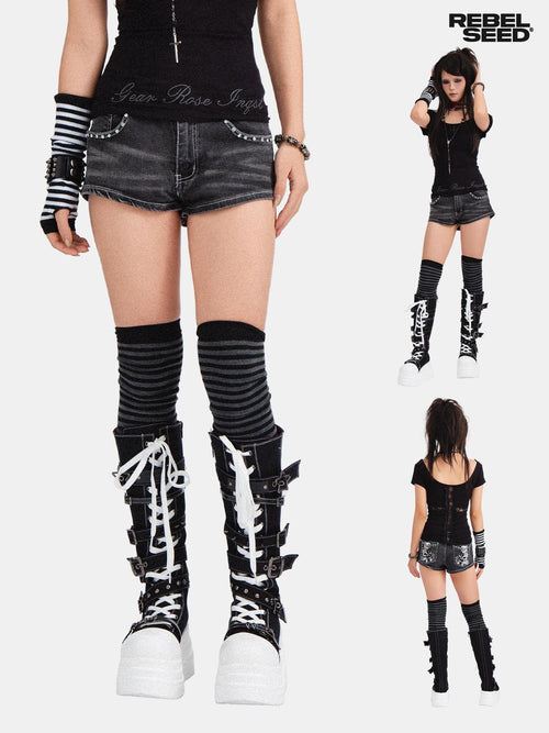 RebelSeed Black Lace Distressed Mid Rise Slim Punk Women's Cotton Denim Shorts