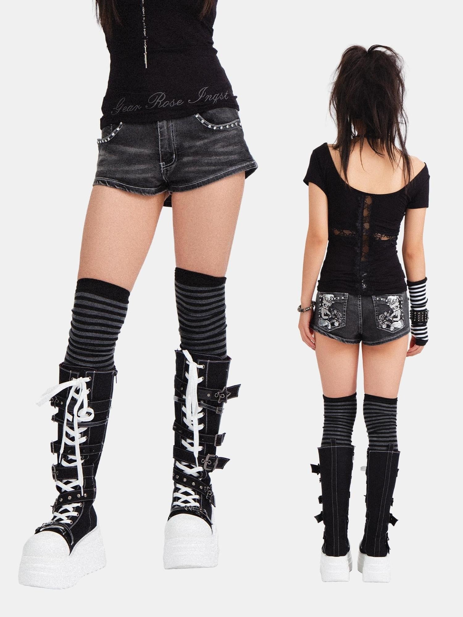 RebelSeed Black Lace Distressed Mid Rise Slim Punk Women's Cotton Denim Shorts