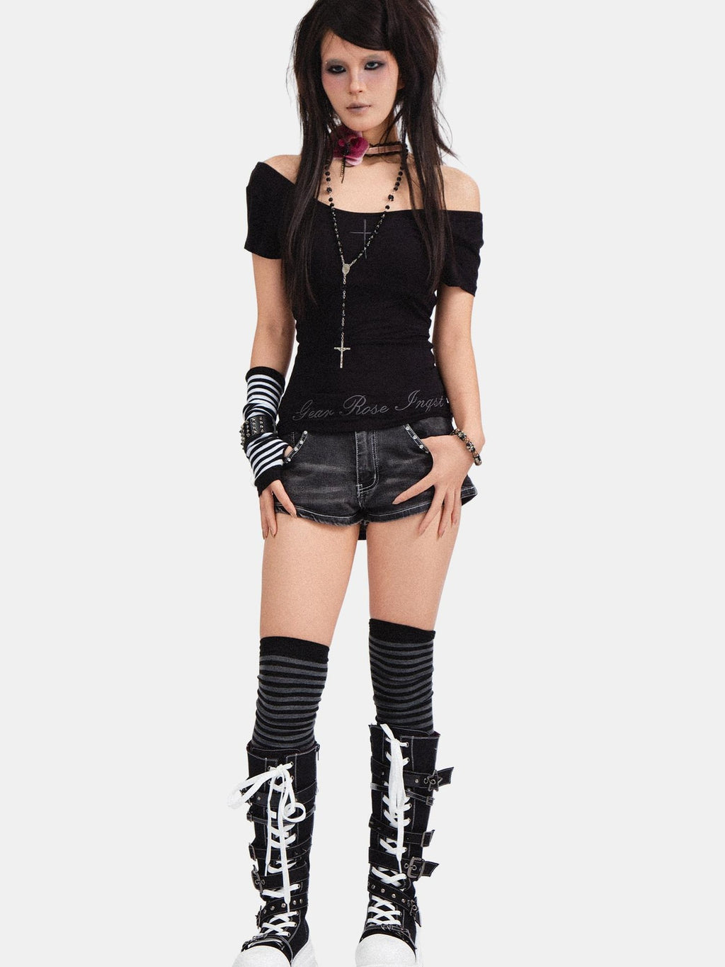 RebelSeed Black Lace Distressed Mid Rise Slim Punk Women's Cotton Denim Shorts