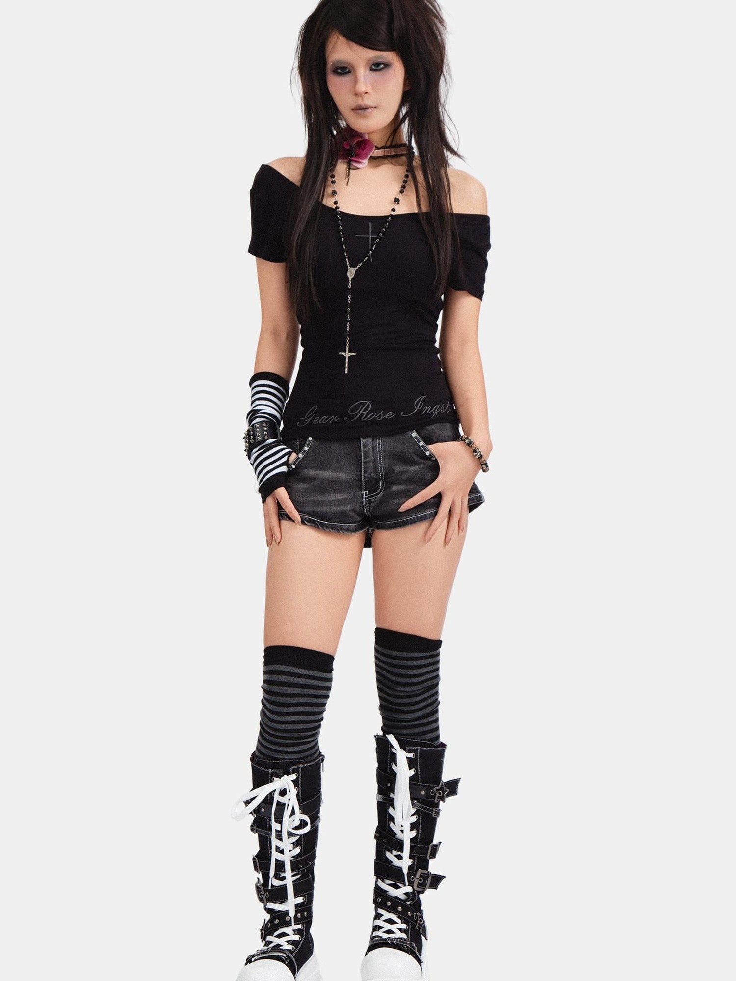 RebelSeed Black Lace Distressed Mid Rise Slim Punk Women's Cotton Denim Shorts