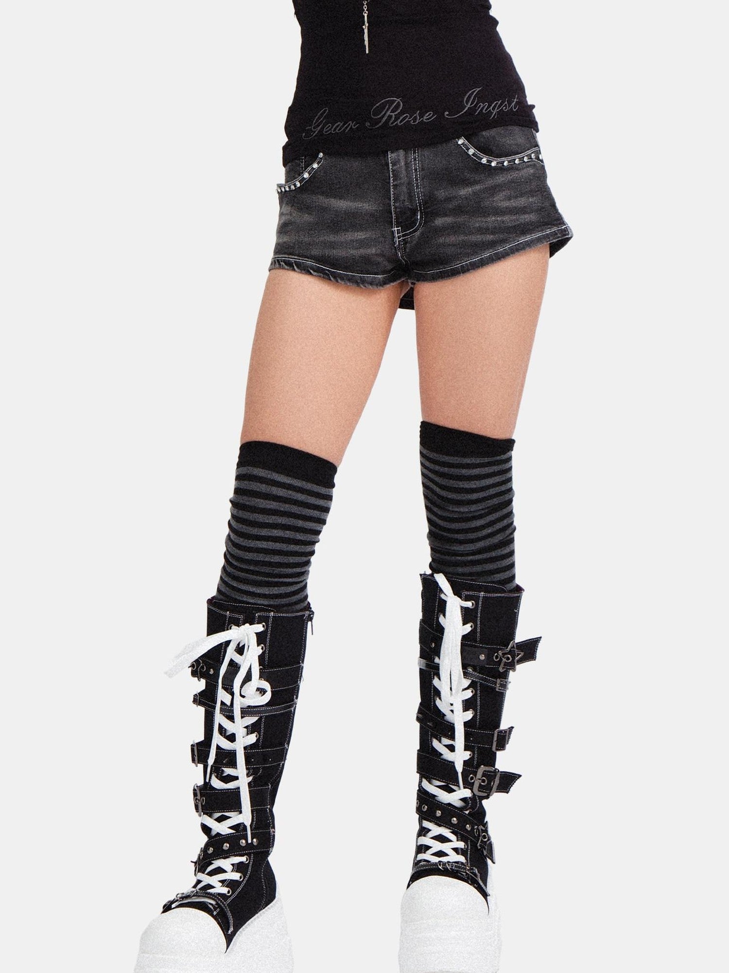 RebelSeed Black Lace Distressed Mid Rise Slim Punk Women's Cotton Denim Shorts