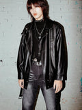 RebelSeed Black Oversize Punk Rock Biker Midlength Pointed Lapel Women's Leather Jackets