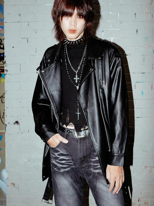 RebelSeed Black Oversize Punk Rock Biker Midlength Pointed Lapel Women's Leather Jackets