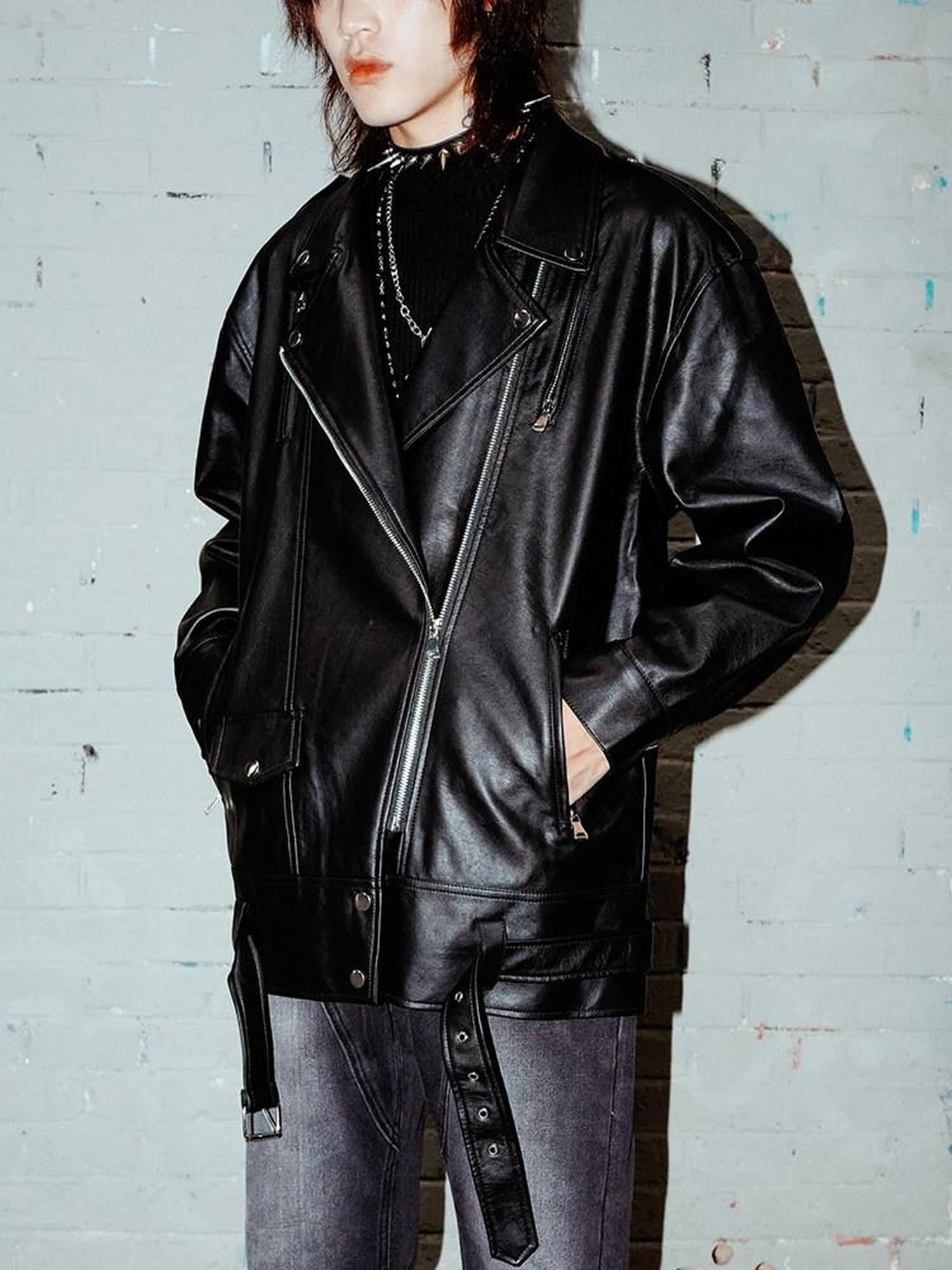 RebelSeed Black Oversize Punk Rock Biker Midlength Pointed Lapel Women's Leather Jackets