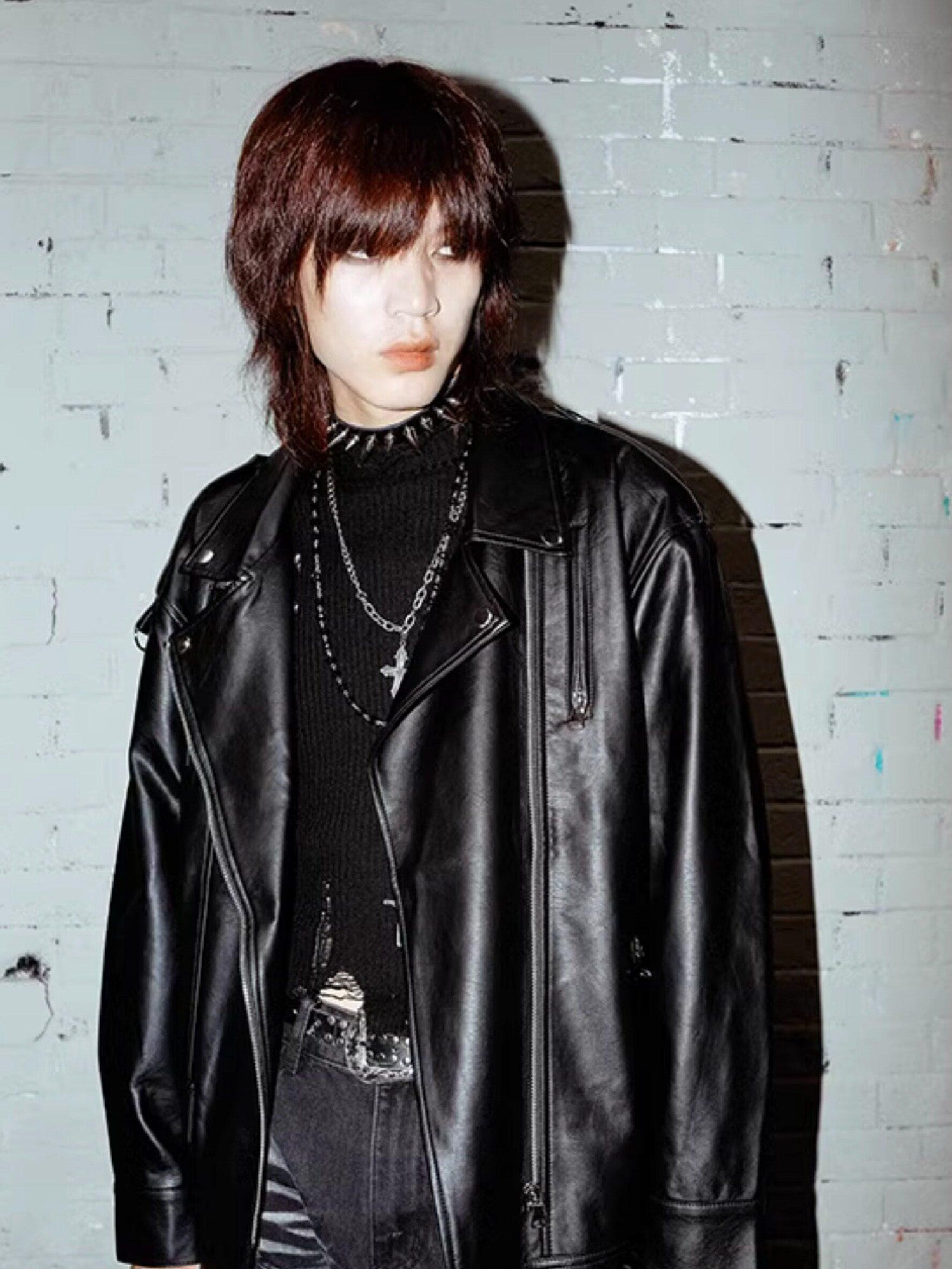 RebelSeed Black Oversize Punk Rock Biker Midlength Pointed Lapel Women's Leather Jackets