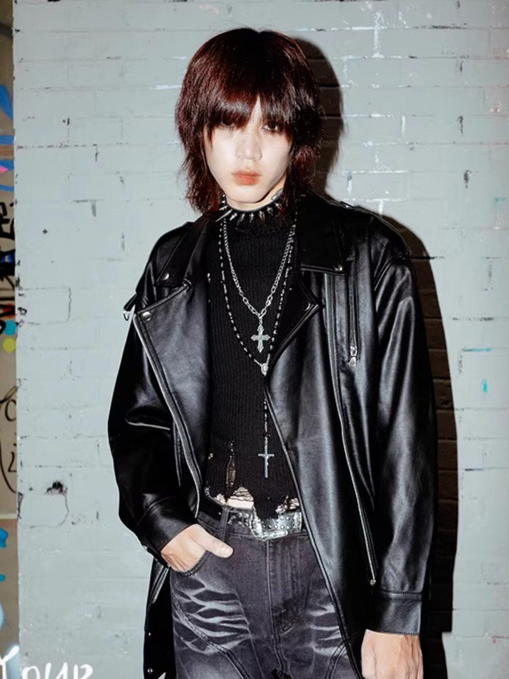 RebelSeed Black Oversize Punk Rock Biker Midlength Pointed Lapel Women's Leather Jackets