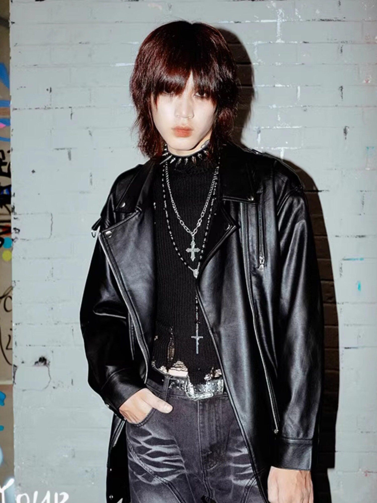 RebelSeed Black Oversize Punk Rock Biker Midlength Pointed Lapel Women's Leather Jackets