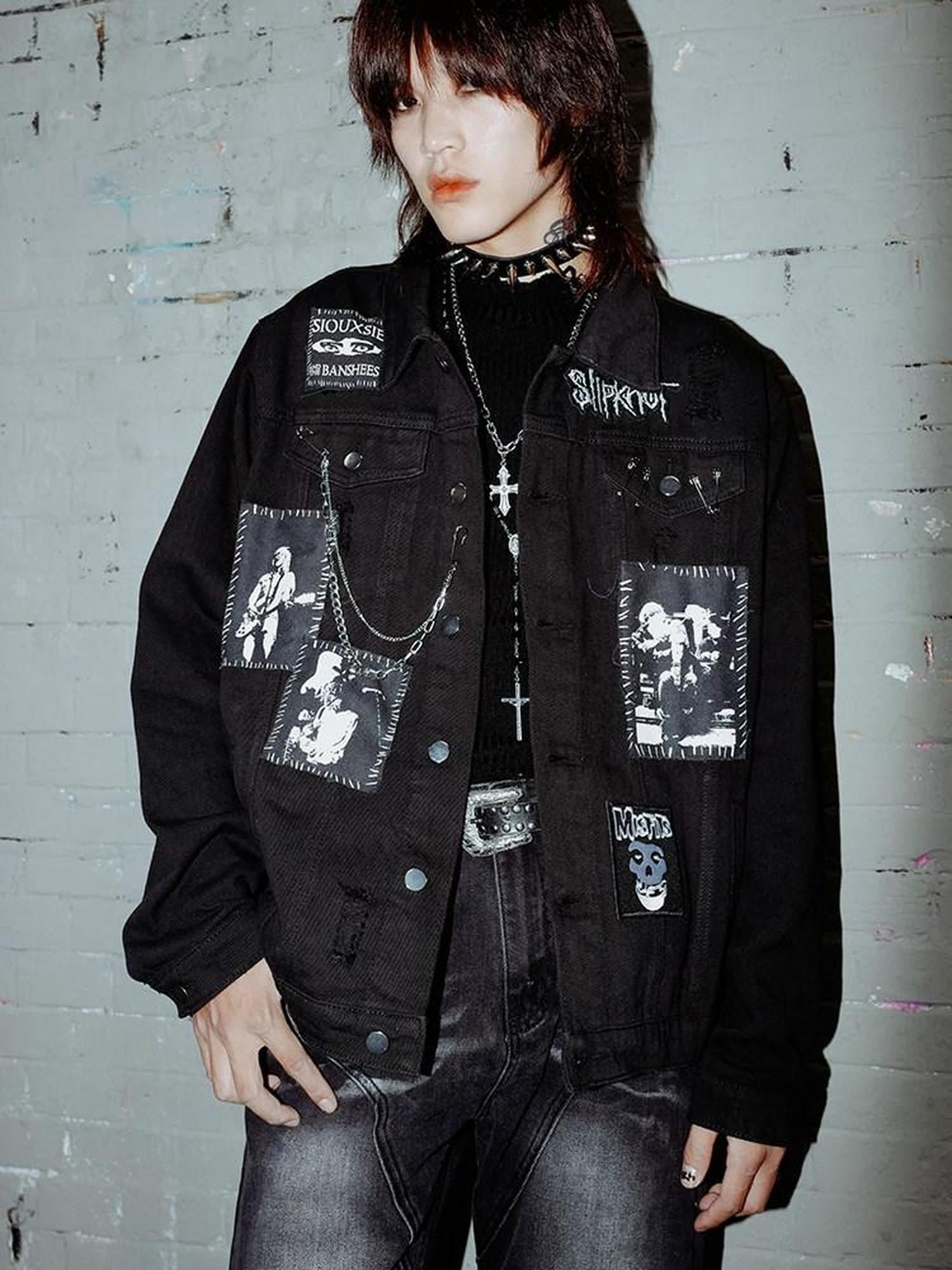 RebelSeed Black Patch Ripped Chain Loose Fit Lapel Collar Women's Cotton Denim Jackets