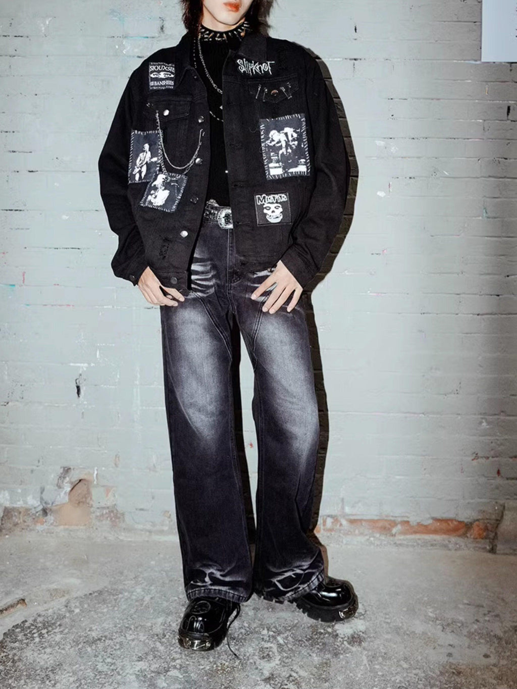 RebelSeed Black Patch Ripped Chain Loose Fit Lapel Collar Women's Cotton Denim Jackets