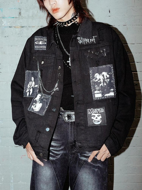 RebelSeed Black Patch Ripped Chain Loose Fit Lapel Collar Women's Cotton Denim Jackets