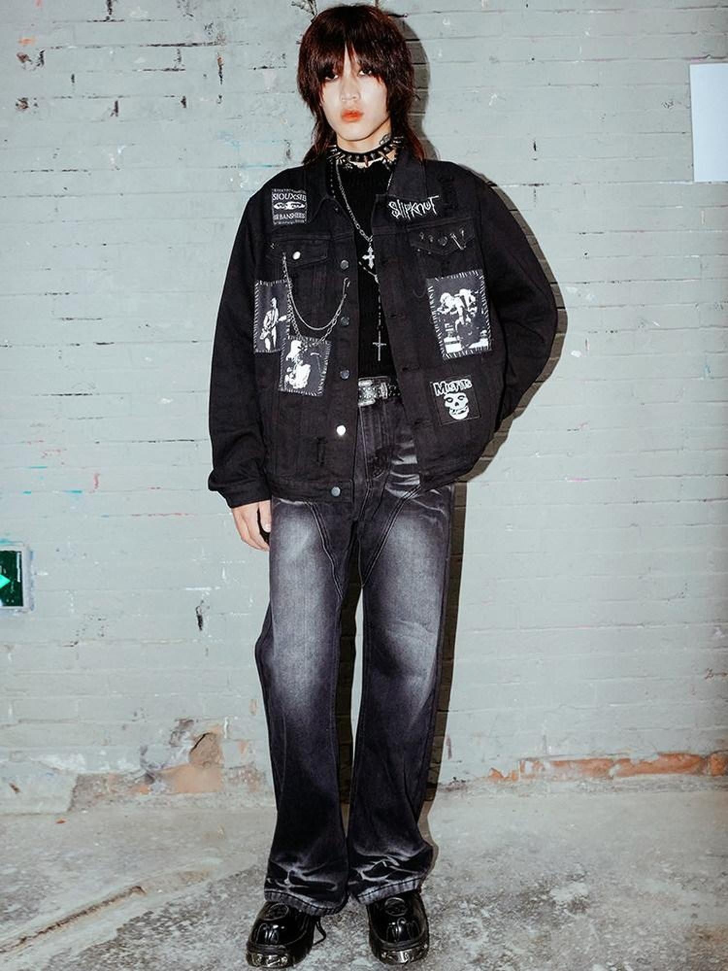 RebelSeed Black Patch Ripped Chain Loose Fit Lapel Collar Women's Cotton Denim Jackets