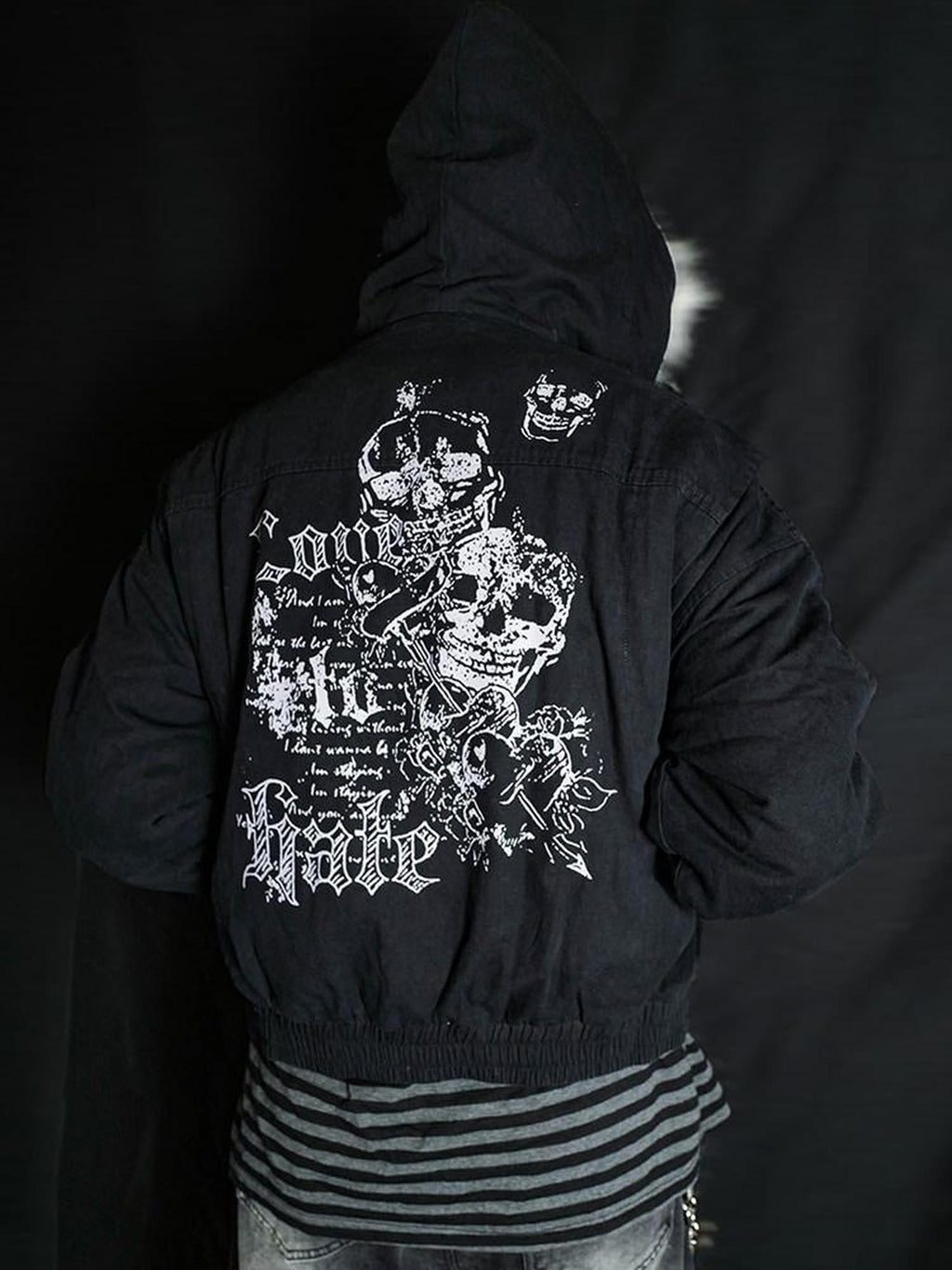RebelSeed Black Patchwork Skull Print Heat Transfer Hooded Women's Puffer Jackets