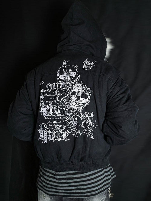 RebelSeed Black Patchwork Skull Print Heat Transfer Hooded Women's Puffer Jackets