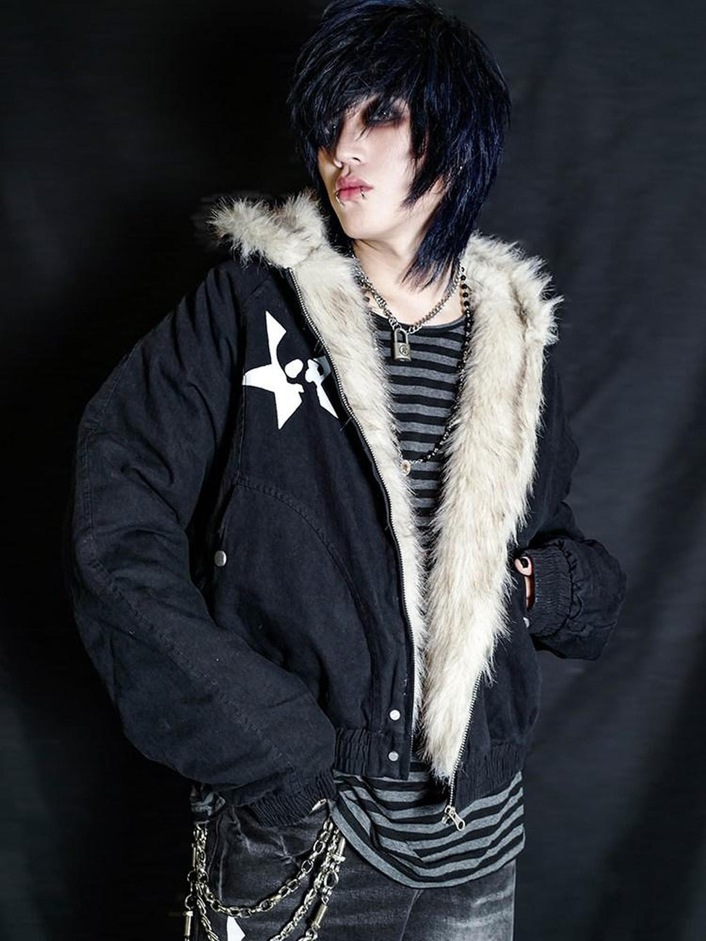 RebelSeed Black Patchwork Skull Print Heat Transfer Hooded Women's Puffer Jackets