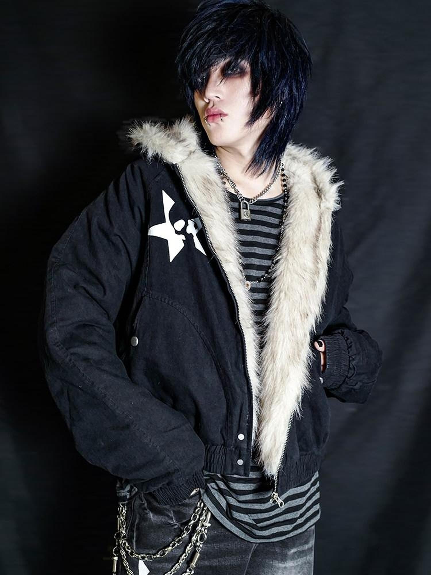 RebelSeed Black Patchwork Skull Print Heat Transfer Hooded Women's Puffer Jackets