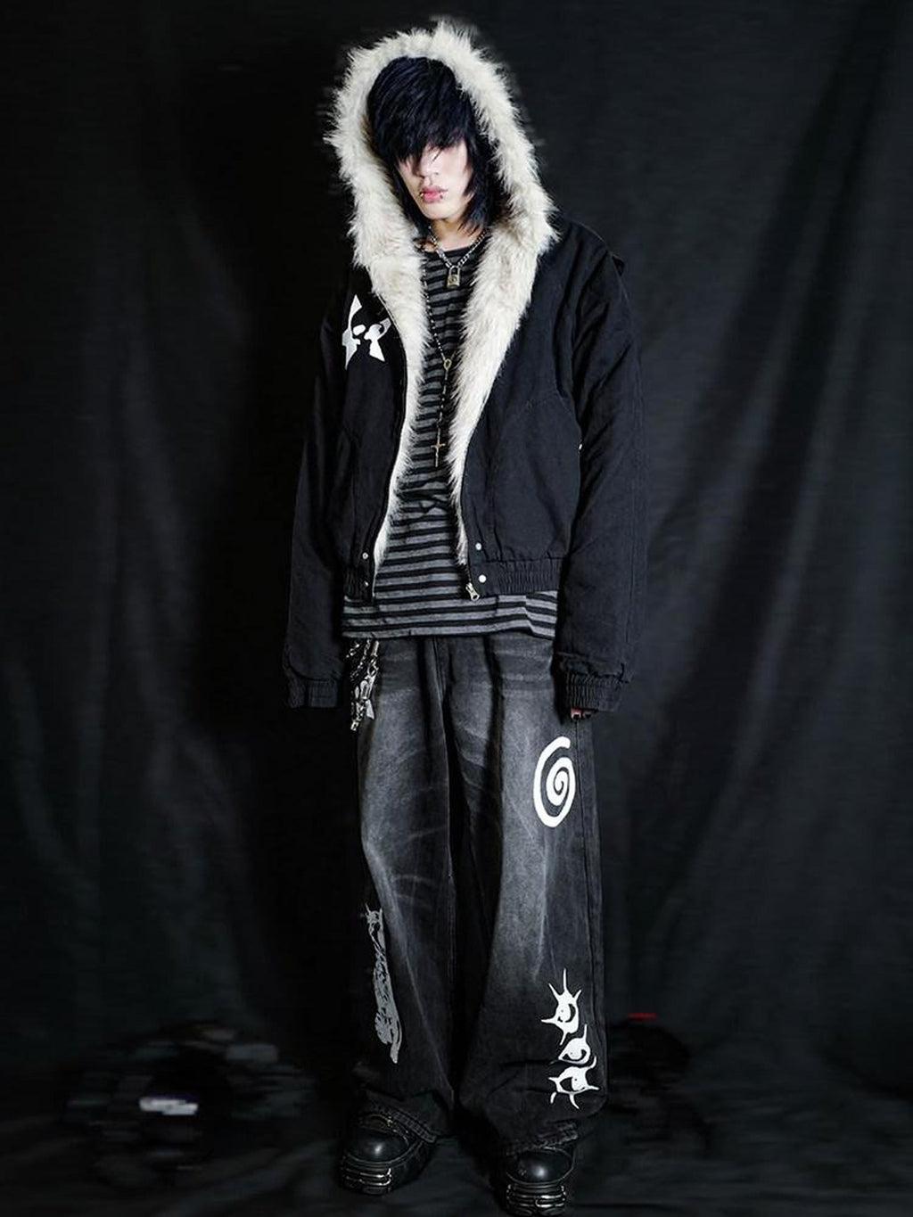 RebelSeed Black Patchwork Skull Print Heat Transfer Hooded Women's Puffer Jackets