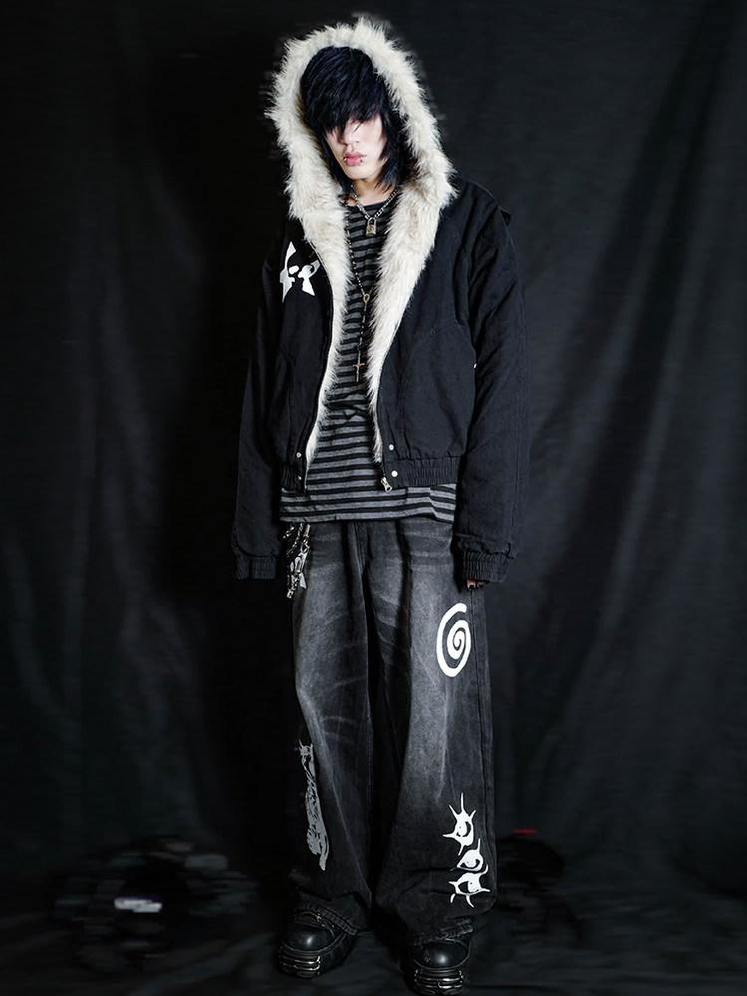 RebelSeed Black Patchwork Skull Print Heat Transfer Hooded Women's Puffer Jackets