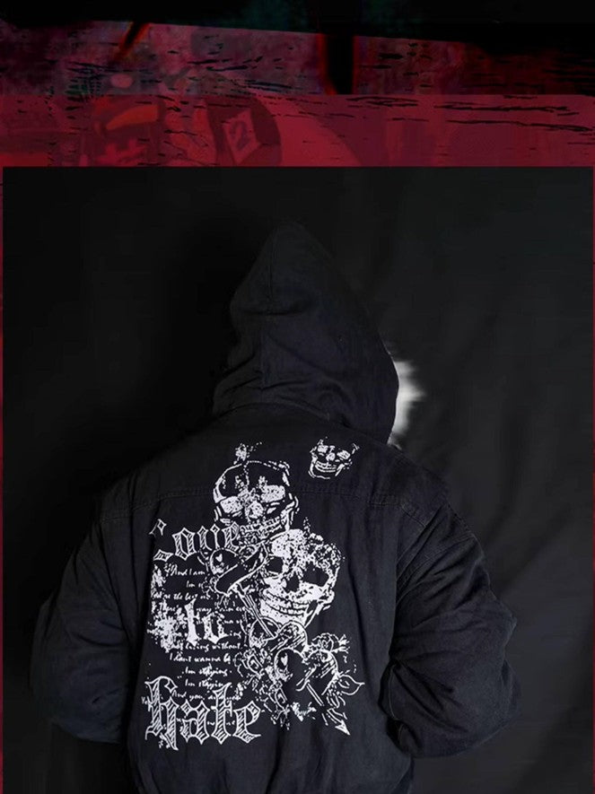 RebelSeed Black Patchwork Skull Print Heat Transfer Hooded Women's Puffer Jackets
