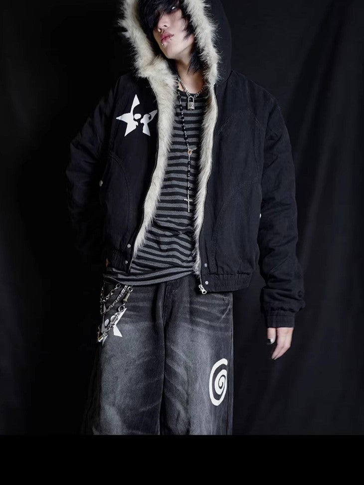 RebelSeed Black Patchwork Skull Print Heat Transfer Hooded Women's Puffer Jackets