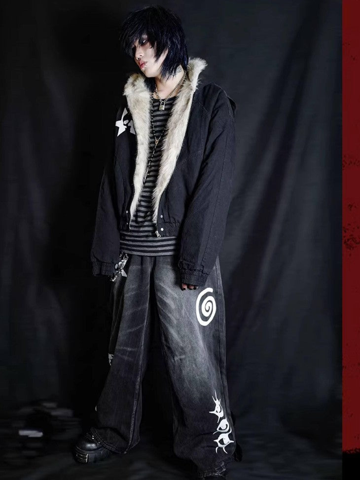 RebelSeed Black Patchwork Skull Print Heat Transfer Hooded Women's Puffer Jackets