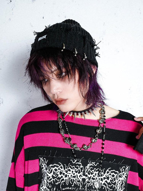 RebelSeed Black Perforated Rivet Badge Stitch Rolled Brim Women's Polyester Beanies