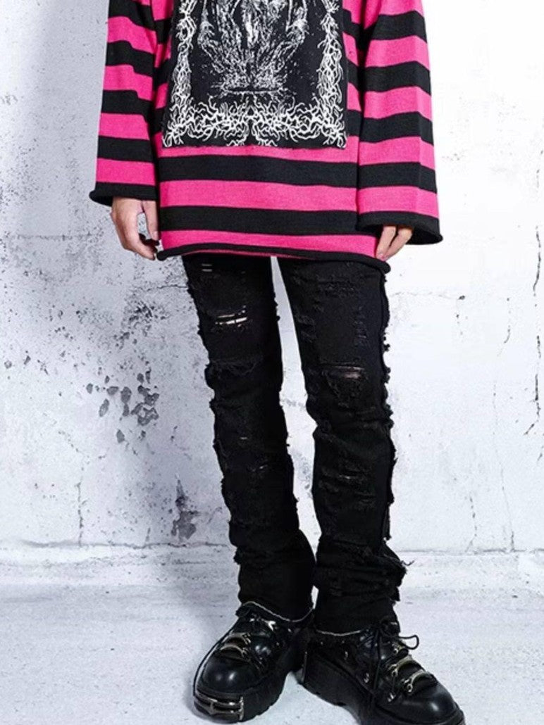 RebelSeed Black Perforated Rivet Badge Stitch Rolled Brim Women's Polyester Beanies