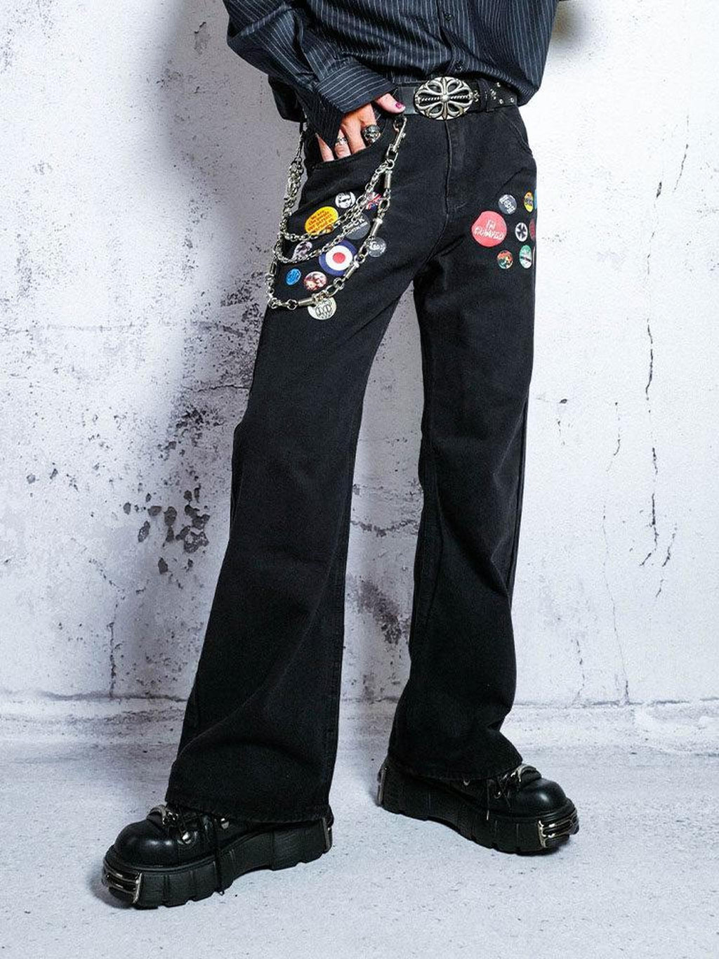 RebelSeed Black Punk Badge Distressed Washed Mid Rise Women's Denim Bootcut Jeans